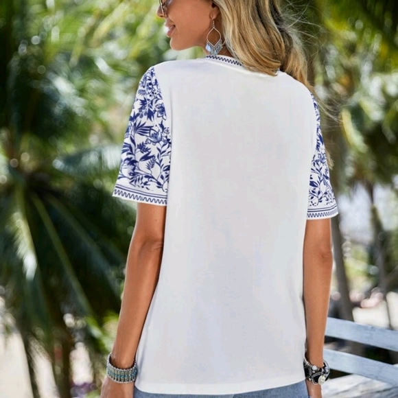 SHEIN Blue and White Pleated Bib Collar Blouse - Picture 2 of 2